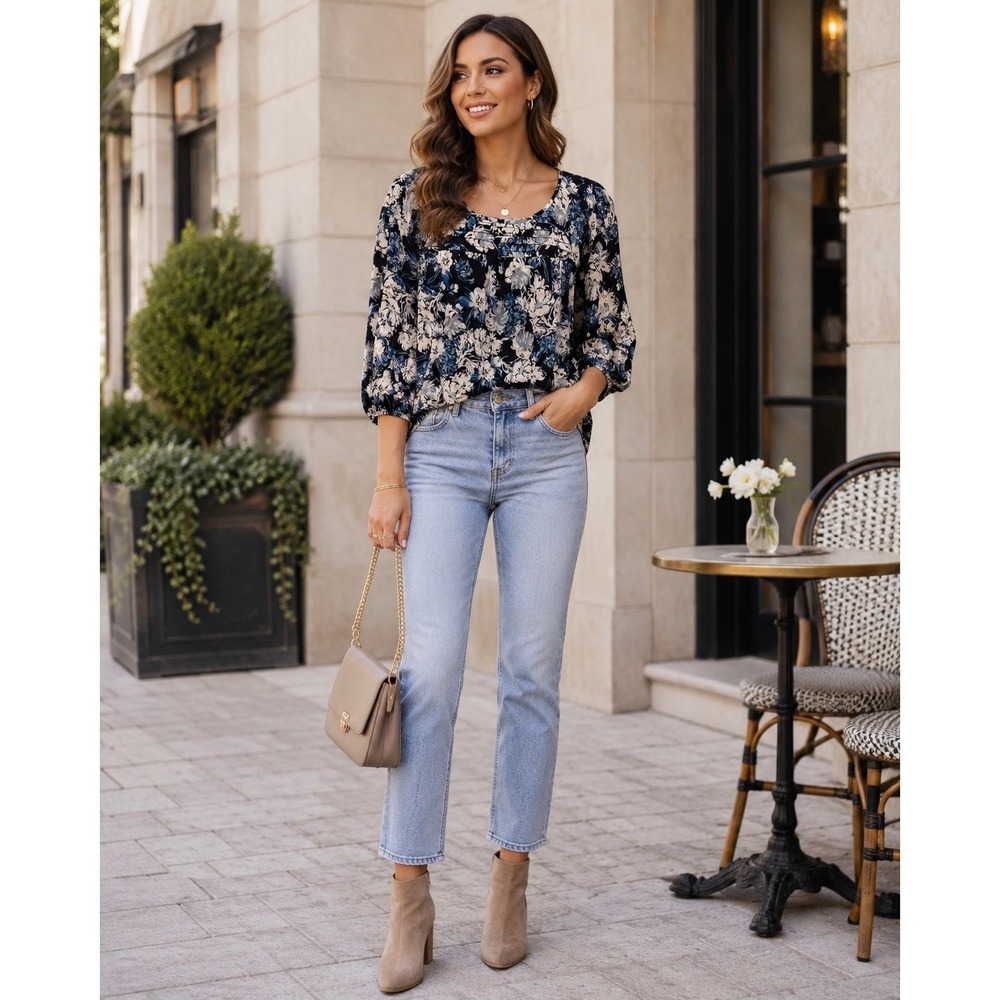 LC Lauren Conrad Women's Medium Navy Floral Pintuck Blouse Three Quarter Sleeve